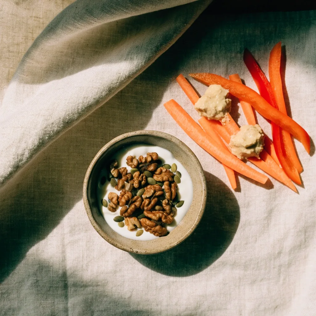 Jogurt naturalny z orzechami, warzywa i hummus jako prosta przekąska